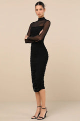 Impressive Flirt Black Mesh Ruched Mock Neck Midi Dress