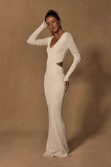 Shenoah White Crochet Cutout Long Sleeve Maxi Dress