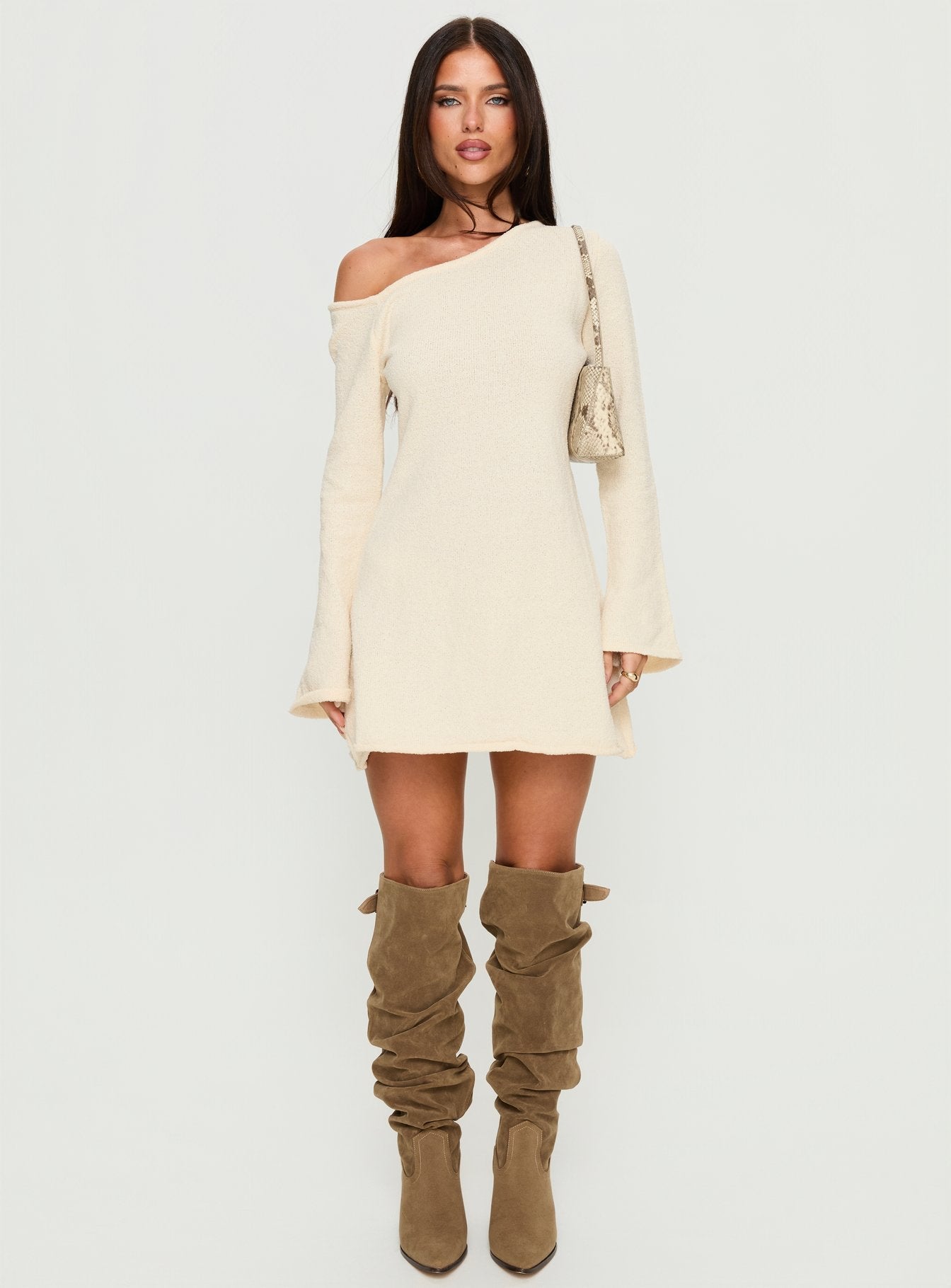 Jaede Off Shoulder Knit Mini Dress Cream