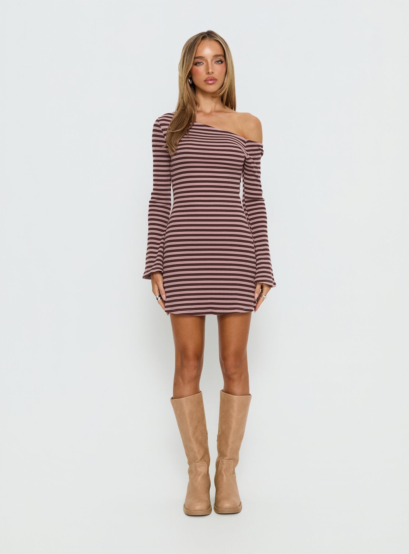Adrietta Long Sleeve Off Shoulder Mini Dress Chocolate / Pink Stripe