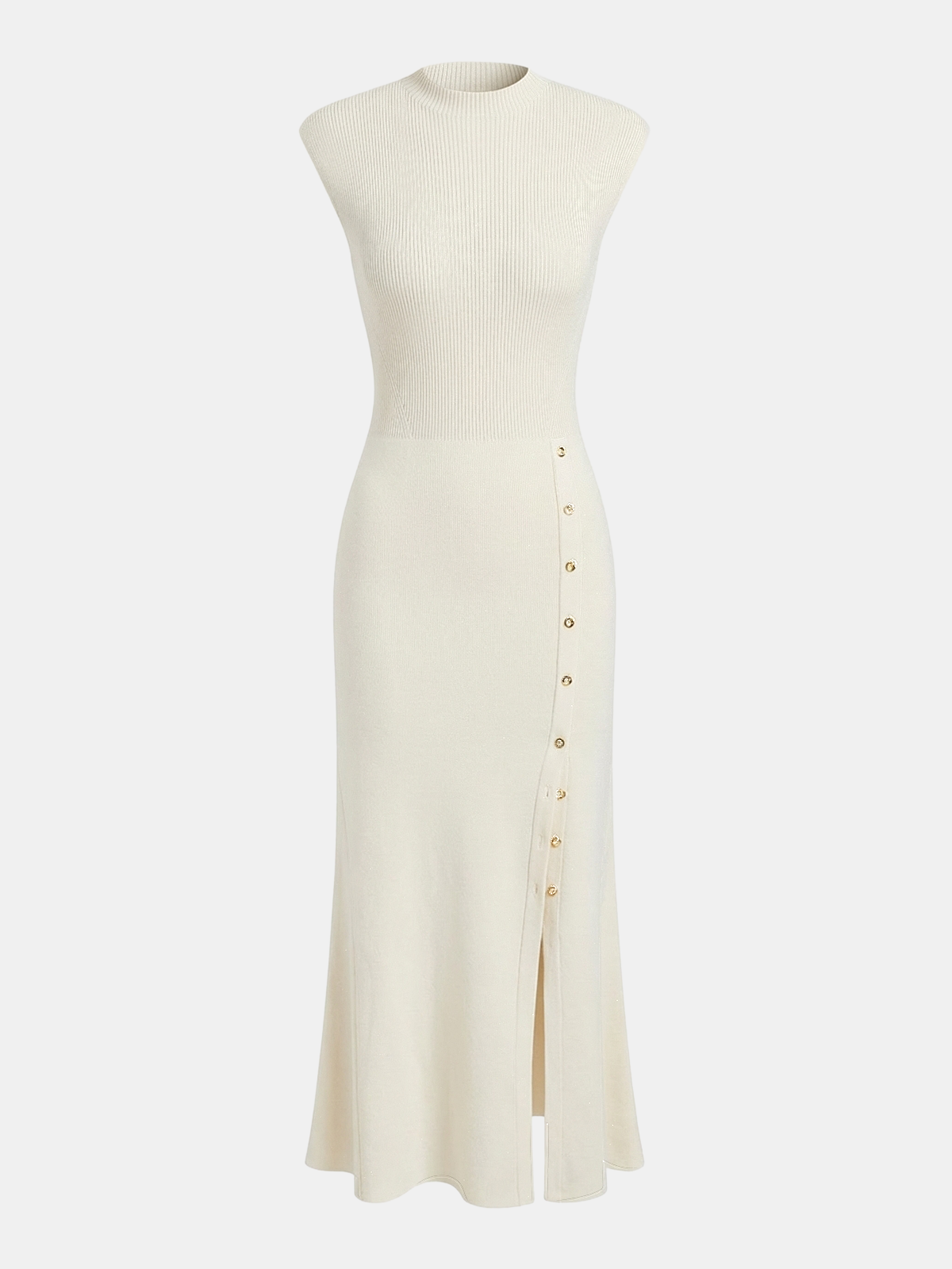 Button Detail Cap Sleeve Rib Knit Maxi Dress