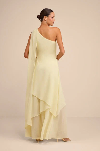 Camellia Light Yellow One-Shoulder Bow Maxi Dress