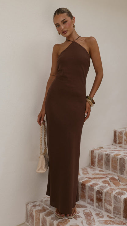 Chiara Linen Maxi Dress - Chocolate