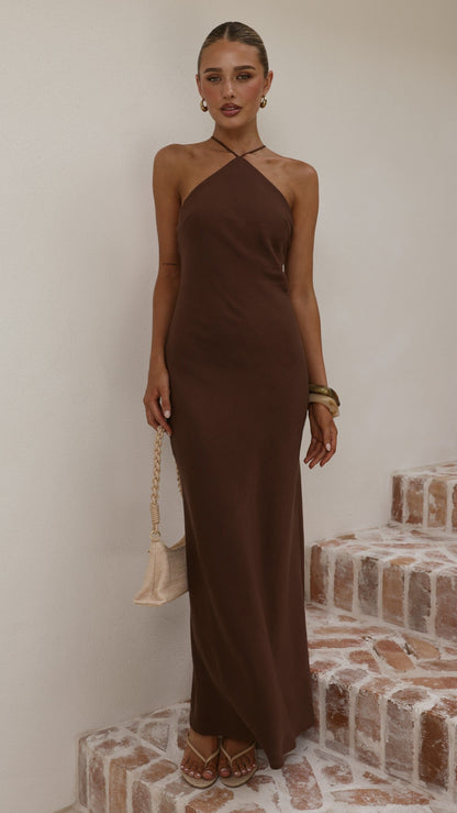 Chiara Linen Maxi Dress - Chocolate