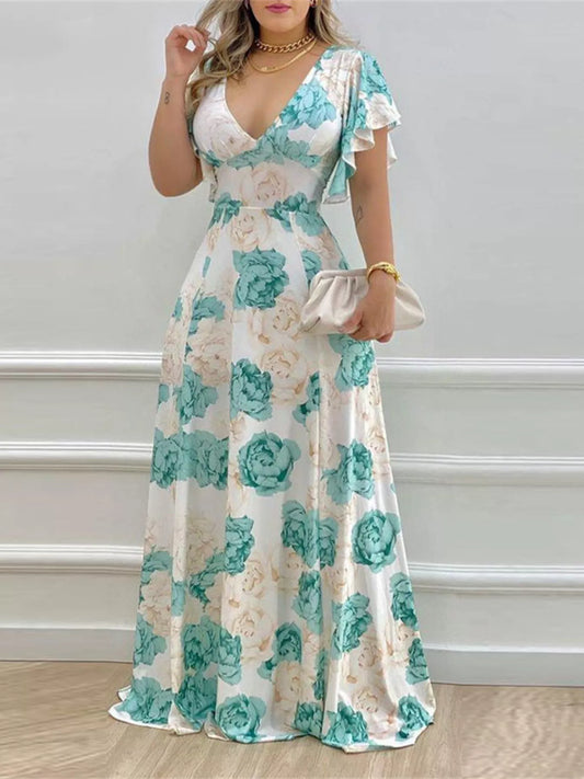 Floral Print V-Neck Ruffle Sleeve Maxi Dress