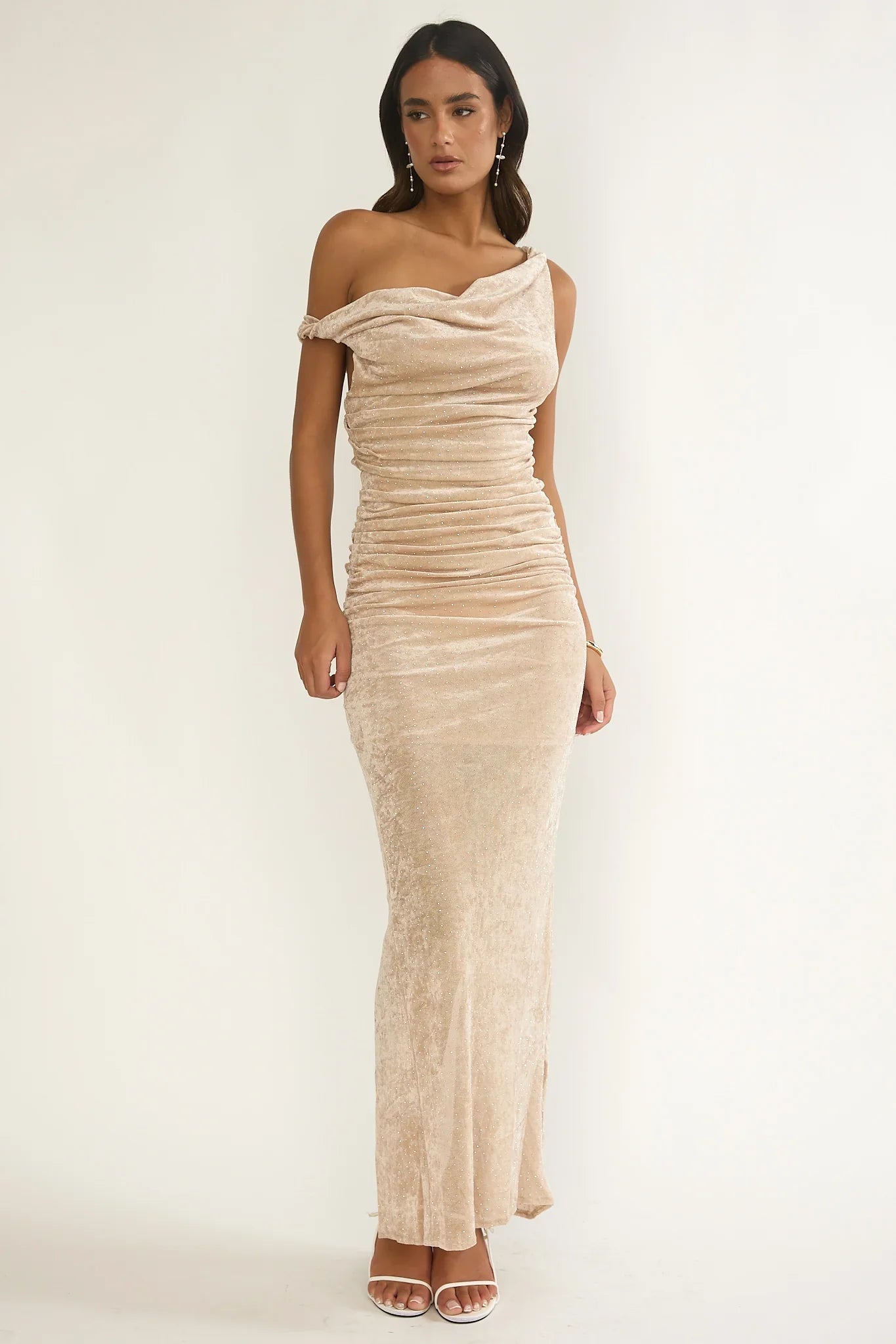 Callen Cowl Ruched Maxi Dress Champagne Silver