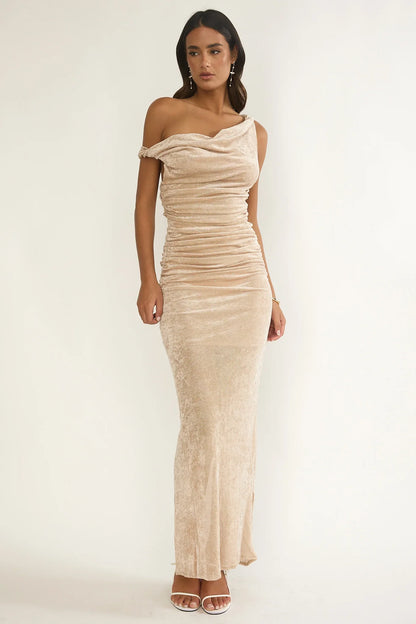 Callen Cowl Ruched Maxi Dress Champagne Silver