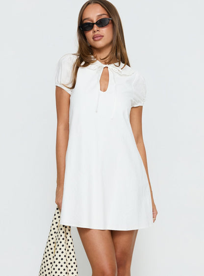 You've Got Mail Lace Trim Keyhole Mini Dress White