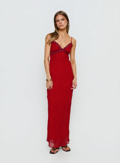 Adasia Lace V Neck Maxi Dress Red Polka Dot