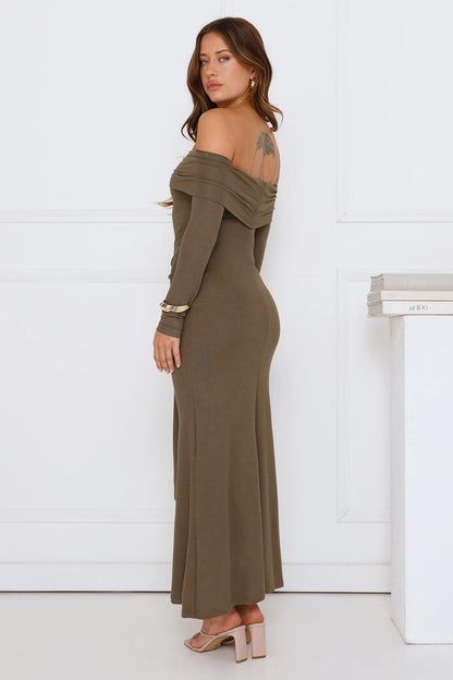 Subtle Statement Off Shoulder Maxi Dress Olive
