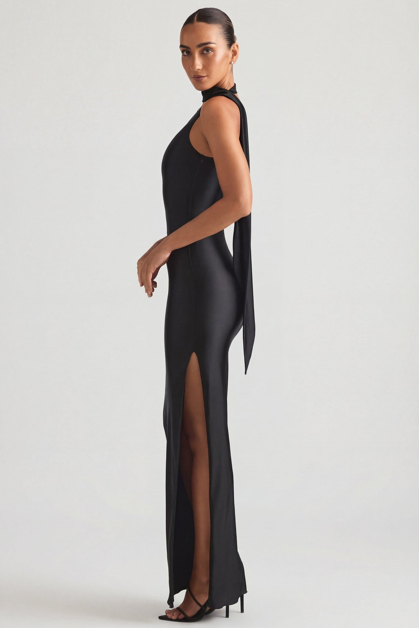 Asymmetric Scarf-Detail Maxi Dress in Black