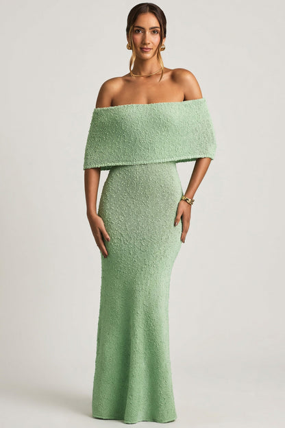 Bouclé Off-Shoulder Maxi Dress in Mint