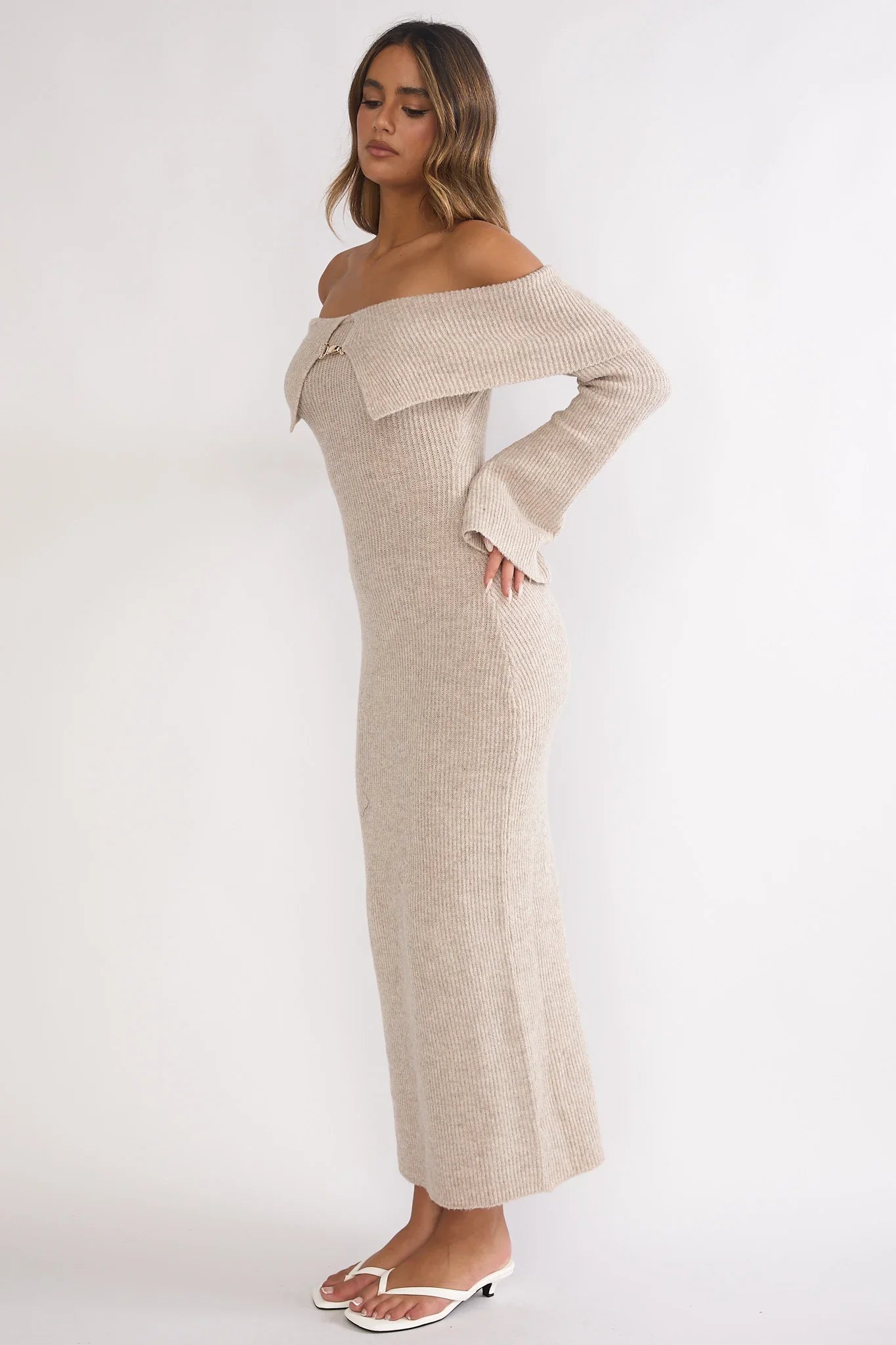Arwyn Foldover Off-Shoulder Knit Maxi Dress Quinoa