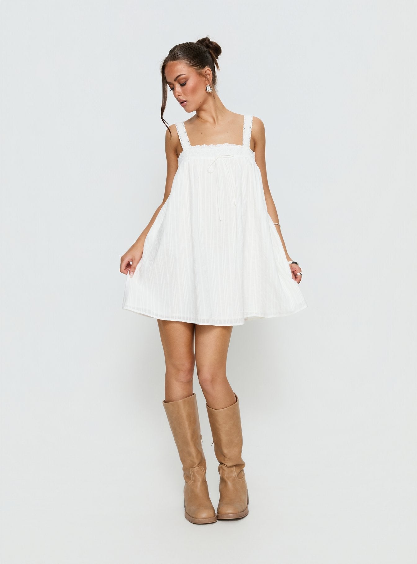 Reason To Stay Lace Trim Floaty Mini Dress White