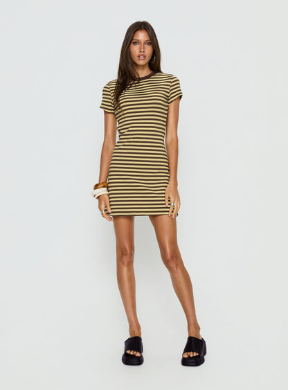 Settle Down Short Sleeve Mini Dress Yellow Stripe