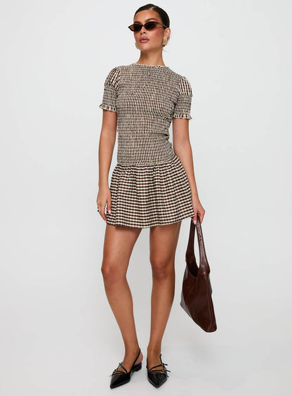 Laurita Shirred Mini Dress Brown Check