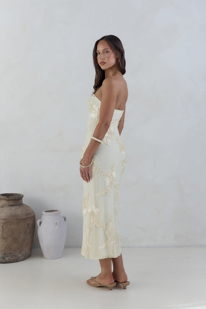 Golden Voyage Strapless Midi Dress Yellow