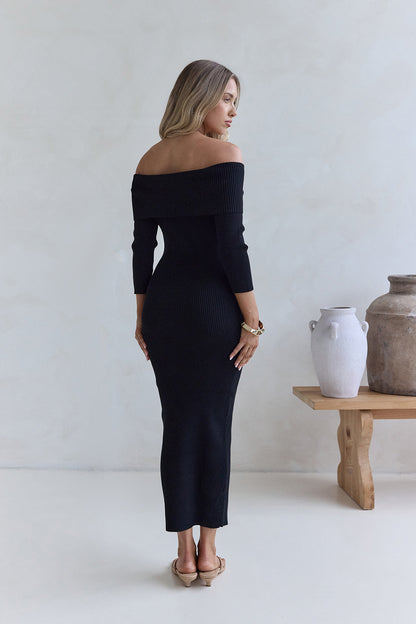 Chilled Luxe Off Shoulder Knit Maxi Dress Black