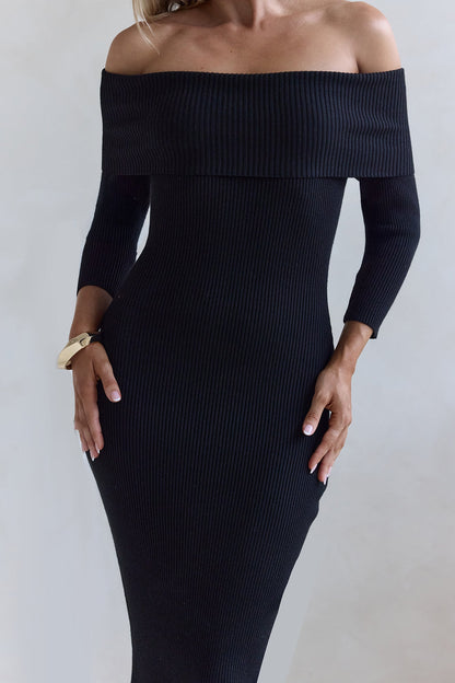 Chilled Luxe Off Shoulder Knit Maxi Dress Black