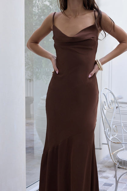 Brilliant Belle Satin Maxi Dress Brown