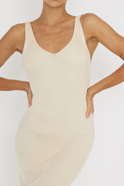 Linzi Lace-Up Back Knit Midi Dress Cream