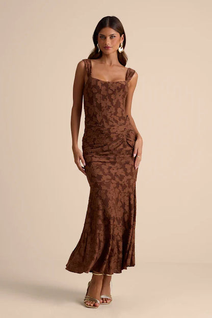 Celeste Brown Floral Burnout Bustier Maxi Dress