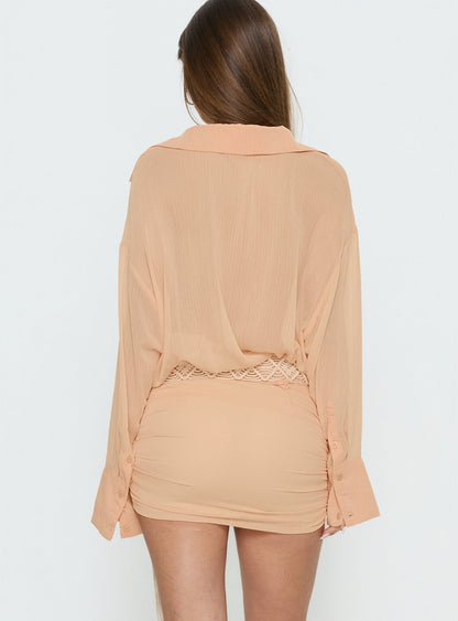 Moonrising Long Sleeve Sheer Blouson Mini Dress Soft Orange