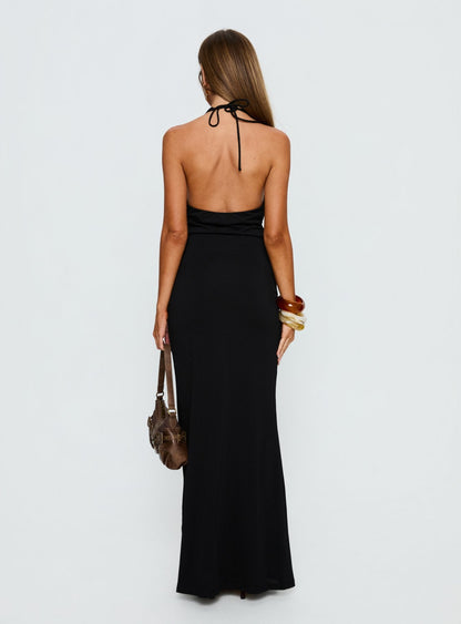 Almira Halter Plunge Maxi Dress Black