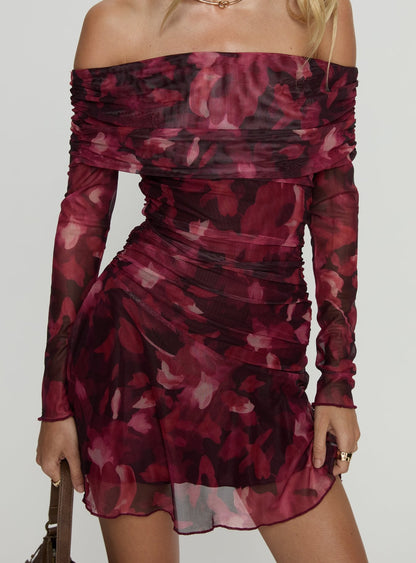 Marrissa Off Shoulder Long Sleeve Mini Dress Burgundy Floral