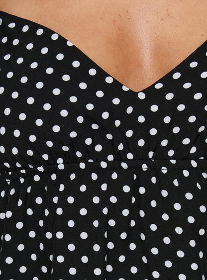Casee V Neck Frill Mini Dress Black Polka Dot