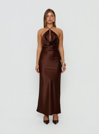 Yazmeina Halter Keyhole Maxi Dress Brown