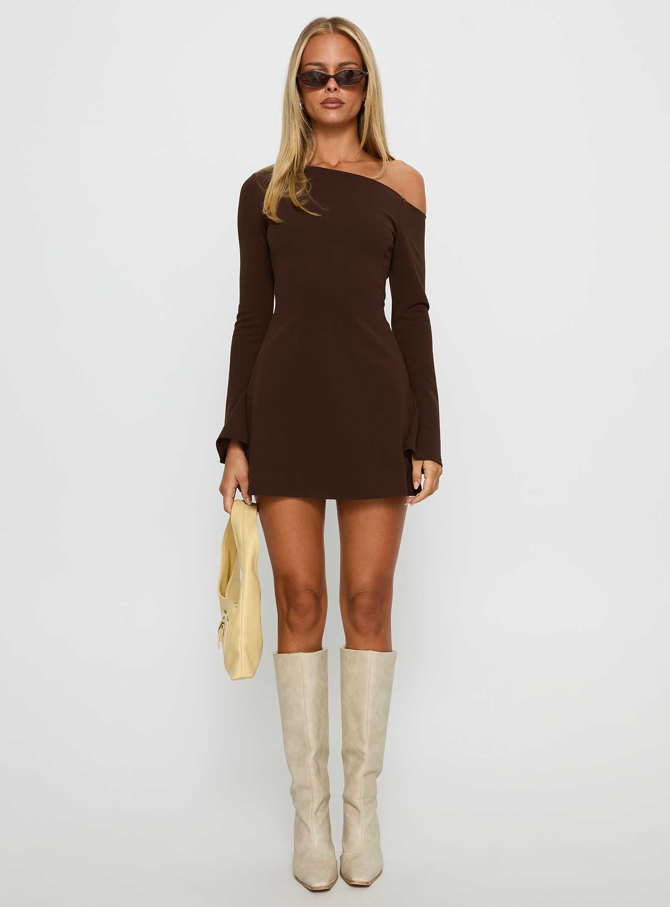 Adrietta Long Sleeve Off Shoulder Mini Dress Brown