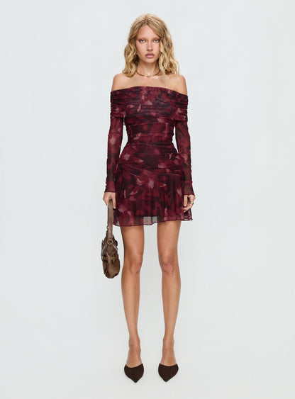 Marrissa Off Shoulder Long Sleeve Mini Dress Burgundy Floral