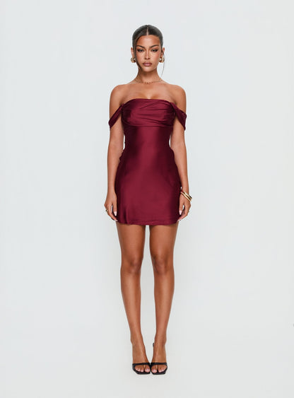 Zabbarra Off The Shoulder Mini Dress Burgundy