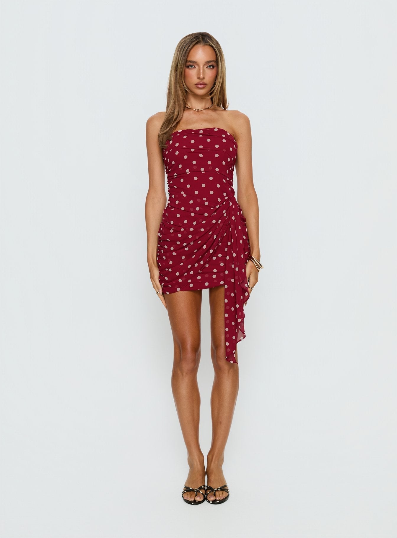 Karlena Strapless Ruched Mini Dress Burgundy Polka Dot
