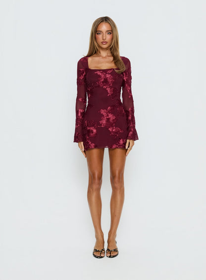 Better Love Long Sleeve Mini Dress Burgundy Floral