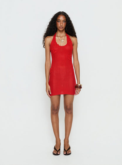 Lior Knit Scoop Halter Mini Dress Red