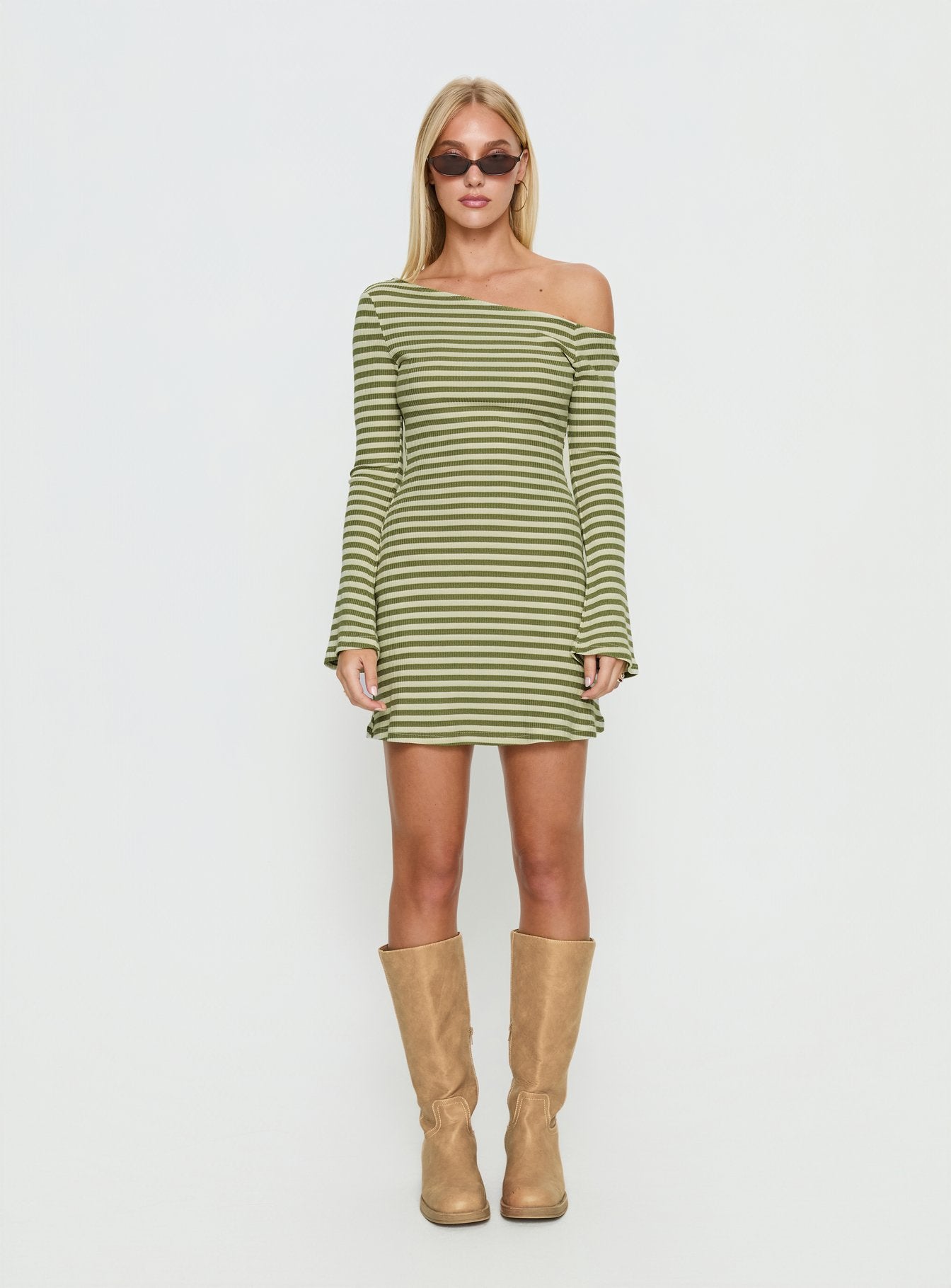 Adrietta Long Sleeve Off Shoulder Mini Dress Cream / Matcha Stripe