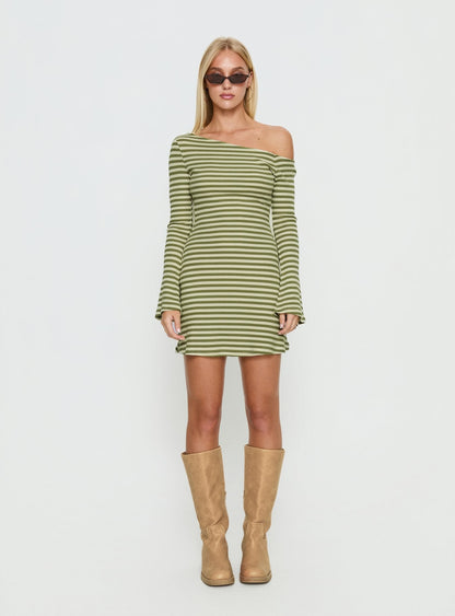Adrietta Long Sleeve Off Shoulder Mini Dress Cream / Matcha Stripe