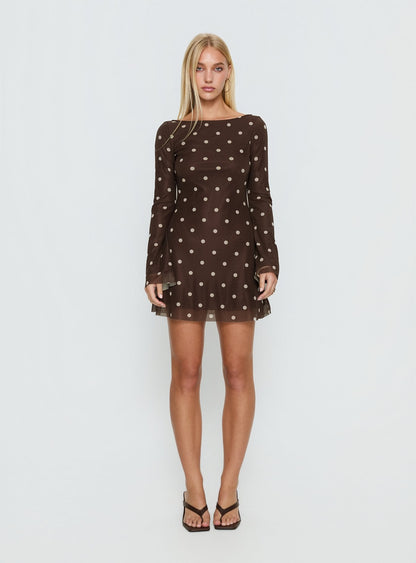 Lukea Long Sleeve Mini Dress Brown Polka Dot