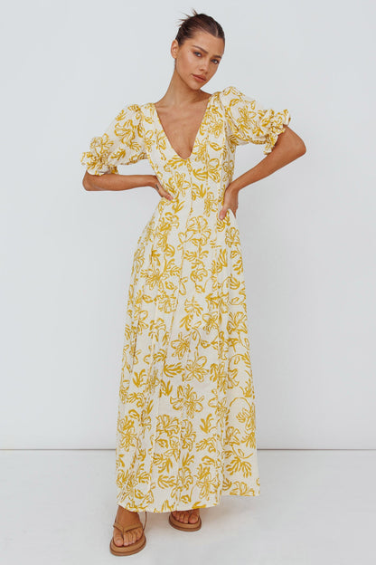 Sitting Pretty Pintuck Pleat Puff Sleeve Dress Yellow