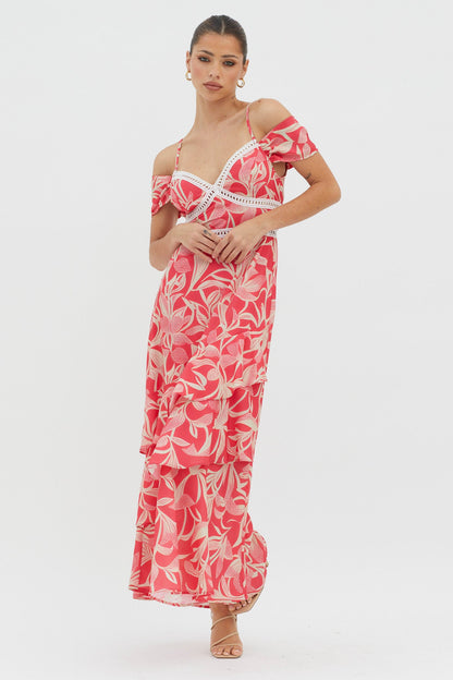 Seina Off-Shoulder Crochet Trim Dress Print Red