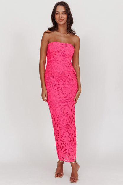 Bia Strapless Lace Embroidered Maxi Dress Hot Pink