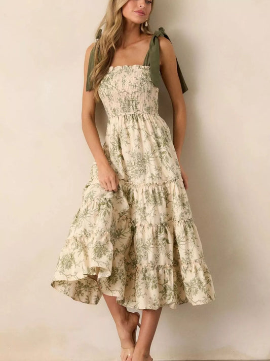 Floral Print Tiered Midi Dress with Tie Straps
