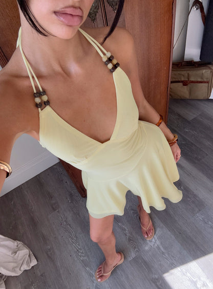 Rush Beaded Asymmetrical Halter Mini Dress Yellow
