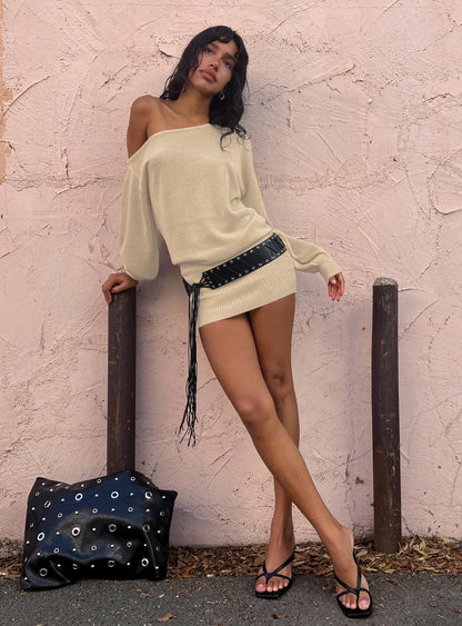 Johannah Off Shoulder Long Sleeve Knit Mini Dress Gold