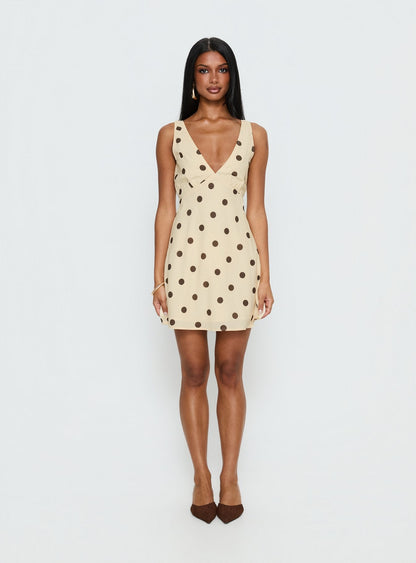 Nellie Mini Dress Lemon / Brown Polka Dot