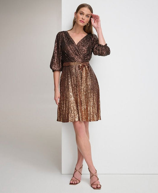 DKNY Women's Long Sleeve Ombre Faux Wrap Sequin Dress