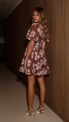 Erin Mini Dress - Brown Daylillies
