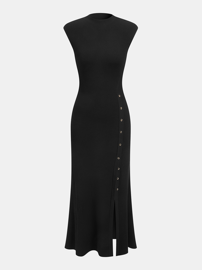 Button Detail Cap Sleeve Rib Knit Maxi Dress